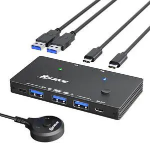USB 3.0 Switch for 2 USB C Laptop, KCEVE USB 3.2 10Gbps 2 in 4 Out USB C Switcher for 2 PC Share 4 USB Devices, Printer, Scanner, Mouse, Keyboard, with 2 USB C-C cables, KCC204DZUS