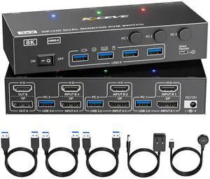 KVM Switch 2 Monitors 3 Computers HDMI + DisplayPort, KCEVE USB 3.0 DP KVM Switcher, 8K@30Hz/4k@144Hz Dual Monitor DP KVM for 3 PC Share 2 Display and 4 USB 3.0 Devices