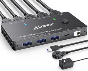 HDMI2.1 KVM Switch 8K@60Hz 4K@120Hz, KVM Switch for 2 Computers Share 1 Monitor and 3 USB 3.0 Devices, HDCP 2.3, HDR 10, with Wired Remote and USB3.0 Cables