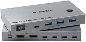 KVM Switch 2 Monitors 2 Laptops USB C, KVM Switch Dual Monitor HDMI 4K@60Hz for 2 Laptops Share 4 USB 3.0 Devices with 80W PD, with 2 USB-C Cables and Wired Remote