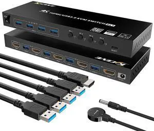 KVM HDMI Switch 4 Ports, USB 3.0 KVM Selector Box with EDID Emulator Support 4K@60Hz Resolution for 4 Computers Share Mouse Keyboard and Monitor
