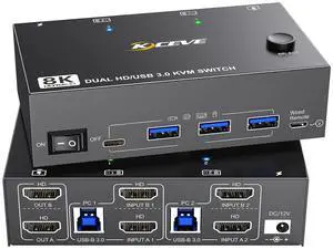 8K KVM Switch 2 Monitors 2 Computers, KCEVE Dual Monitor USB 3.0 HDMI KVM Switches, Support 7680x4320@60Hz, 3840x2160@120Hz Resolution for 2 Computers Share Mouse Keyboard and Monitor