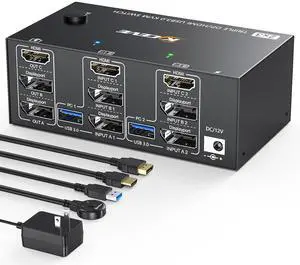 KVM Switch 3 Monitors 2 Computers, KCEVE USB 3.0 HDMI + DisplayPort 8K@30Hz/4k@144Hz Triple Monitor DP KVM Switcher for 2 Computer Share 3 Display and 4 USB 3.0 Devices, Wired Remote Included