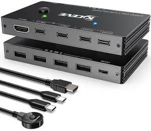USB-C KVM Switch, KCEVE 2 Ports KVM Type-C Switcher Box Support 4K@60Hz for 2 Computers Share Keyboard Mouse and Monitor, Suppprt 87W PD Fast Charging