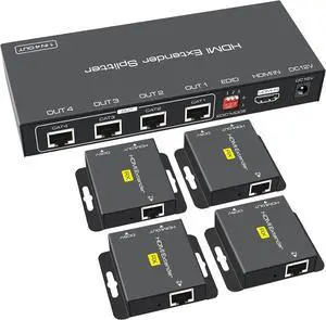 HDMI Extender Splitter Up to 165ft 1 in 4 Out Over Cat5e or 6 or 7 Repeater Balun Ethernet Sender Transmitter Receiver Support 1080p EDID Presets POC is Only Need TX Power for Work