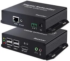 DisplayPort KVM Extender, 4K@30Hz KVM Extender DisplayPort Over Cat5e/6/7 Up to 394FT/120M, DP Over Ethernet with 4 USB2.0 Ports, Bi-Dir Audio,IR Control,RS232