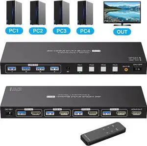 4K@60Hz HDMI KVM Switch 4 Computers 1 Monitor USB3.0 2K120Hz 4 Ports HDMI KVM Switch 4 in 1 Out for 4 Computers Share 1 Monitor and Keyboard Mouse. with 4 USB Cable and Wireless Controller
