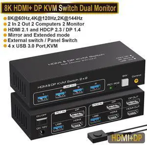 2 Port Dual Monitor DisplayPort HDMI KVM Switch 8K @60Hz, 4K @120Hz, USB 3.0 DP+HDMI KVM Switcher 2 in 2 Out for 2 Computers 2 Monitors with 4 Ports USB 3.0 Support Copy and Extended Display