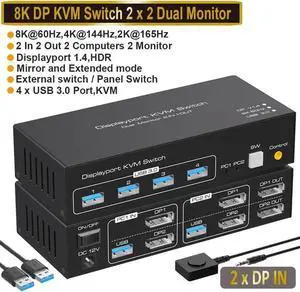 Displayport KVM Switch 2 Monitors 2 Computers 8K@60Hz 4K@120Hz Dual Monitor USB 3.0 DP KVM Switches for 4 USB3.0 Devices, Wired Extension Button,12V DC Adapter and 2 USB 3.0 Cables
