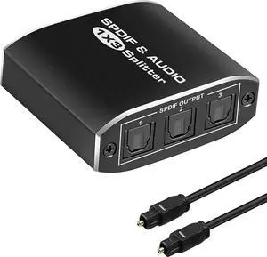 3 Port Digital Optical Splitter,AUBEAMTO SPDIF TOSLINK Digital Optical Audio Splitter 1x3(1 in 3 Out),Audio Format Support LPCM2.0 Doldy Digital & DTS 5.1