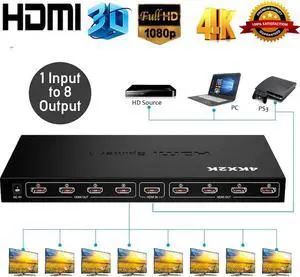 HDMI Splitter 1 in 8 Out 8 Port 1x8 Full HD 1080P HDMI 1.4 Splitter with Switcher Converter Support 4KX2K 3D Digital Audio Format-Black(8 Port HDMI Splitter 4K)