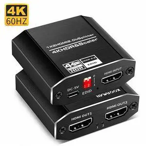HDMI 2.0 Splitter 1x2, 4K@60Hz 4:4:4 Scaler with HDCP 2.2 Bypass, HDR10 Supported, 1 in 2 Out Duplicate/Mirror Display for Dual Monitors