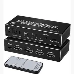 Torpedo Nova 2x2 HDMI Matrix Switch Splitter with Scaler & Audio Extractor, 4K@60Hz 4:4:4, HDCP 2.2 Bypass, HDR10, 2 Input 2 Output Support Independent Control and Scaling
