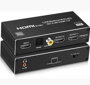 Torpedo Nova 1x2 HDMI Splitter with Audio Extractor, 4K@60Hz HDR, HDCP 2.2, 1 in 2 Out Supports 3.5mm Jack, Optical & Coaxial Audio Output for Dual Monitors & Home Theater