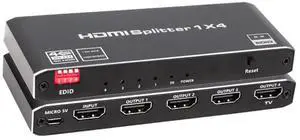 Torpedo Nova 1x4 HDMI Splitter 4K 60Hz 1 in 4 Out, Ultra-Thin HDCP 2.2 Distributor with EDID Management, 18Gbps Bandwidth for Multi-Display Setups in Digital Signage, Conference Rooms