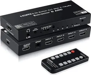 Torpedo Nova  4x1 HDMI Switch with 7.1CH Audio Extractor, Dolby Atmos Support, ARC Function, 4K@60Hz HDCP 2.2, Optical/Coaxial/Analog Output - Standalone Audio Center for Home Theater