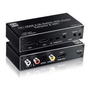 Torpedo Nova  2x1 HDMI Switch with Audio Extractor, 4K@60Hz HDR, ARC, Optical/Coaxial/RCA/3.5mm Output, HDCP 2.2, Auto-Switching & Remote Control