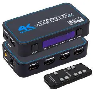 4x1 HDMI 2.0 Switch with Audio Extractor & ARC - 4K@60Hz 4 in 1 Out Switcher, Support HDCP 2.2, Optical/Coaxial/3.5mm Audio Output, for Home Theater, Gaming Consoles 4x1 HDMI 2.0 Switch with Audio Extractor & ARC - 4K@60Hz 4 in 1 Out Switcher, Support HDCP 2.2, Optical/Coaxial/3.5mm Audio Output, for Home Theater, Gaming Consoles