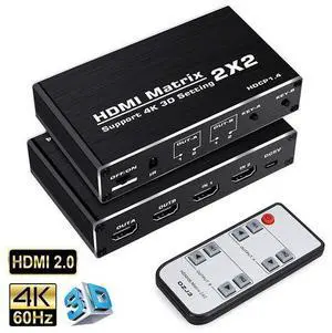 2x2 HDMI Matrix Switch 4K 60Hz - 2 Input 2 Output Matrix with Independent Display & Duplication, Support 3D, HDR, HDCP 1.4, 18.5Gbps Bandwidth, IR Remote Included
