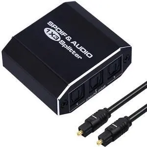 Digital Optical Audio Splitter 1x3 - SPDIF/Toslink Fiber Splitter 1 in 3 Out, Support Dolby Digital 5.1, DTS, PCM, 96kHz, 40m Transmission, Aluminum Housing Digital Optical Audio Splitter 1x3 - SPDIF/Toslink Fiber Splitter 1 in 3 Out, Support Dolby Digital 5.1, DTS, PCM, 96kHz, 40m Transmission, Aluminum Housing