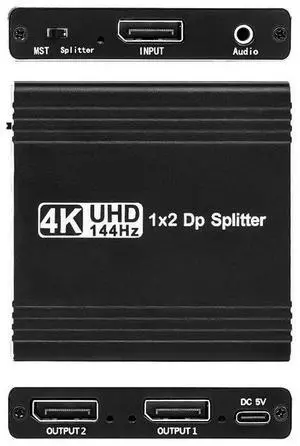 DisplayPort 1.4 Splitter 1x2 - 4K@144Hz MST Hub with Audio Extraction, Dual Monitor Extended/Mirror Modes, DSC 1.2, HDR, for Gaming & Professional Workstations