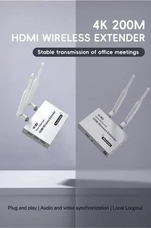 4K Wireless HDMI Extender Kit, 200m Range, 5.8GHz, 1Tx to 1Rx, HDMI Loop-Out 4K Wireless HDMI Extender Kit, 200m Range, 5.8GHz, 1Tx to 1Rx, HDMI Loop-Out