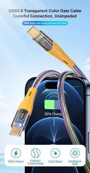 Type-C to Type-C Cable 1M, 100W PD Fast Charging, 480Mbps Data Transfer, RGB Lighting