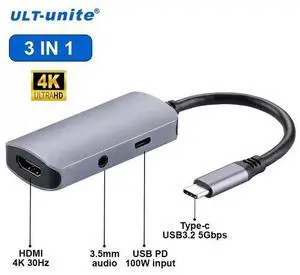 SB-C 3-in-1 Hub - HDMI 4K@30Hz, 3.5mm Audio, 100W PD Charging, Aluminum Shell, Plug & Play for Laptop, Projector, Live Streaming SB-C 3-in-1 Hub - HDMI 4K@30Hz, 3.5mm Audio, 100W PD Charging, Aluminum Shell, Plug & Play for Laptop, Projector, Live Streaming