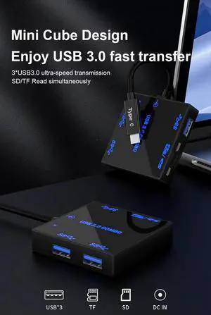 Portable 5-in-1 USB 3.0 Hub with LED Light - 5Gbps Data Transfer, SD/TF Card Reader, USB-C Input, for PC, Laptop, Desktop
