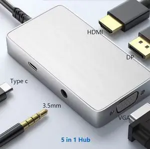 5-in-1 Multi-Port USB-C Hub - 100W PD Charging, 4K HDMI & DisplayPort, VGA & Audio Output, Aluminum Body, for Laptop, Desktop, Monitor 5-in-1 Multi-Port USB-C Hub - 100W PD Charging, 4K HDMI & DisplayPort, VGA & Audio Output, Aluminum Body, for Laptop, Desktop, Monitor