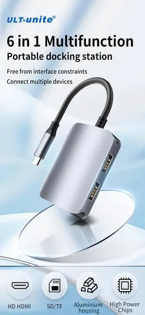 6-in-1 USB-C Hub - 4K HDMI, 100W PD Charging, SD/TF Card Reader, USB 3.0/2.0 Ports, Aluminum Body for Laptop, PC, Tablet