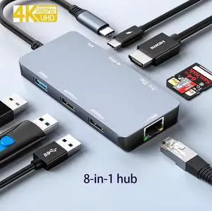 8-in-1 USB-C Hub - 8K@60Hz HDMI, 100W PD Fast Charge, Gigabit Ethernet, SD/TF Card Reader, 4×USB Ports for MacBook, Laptop, Desktop