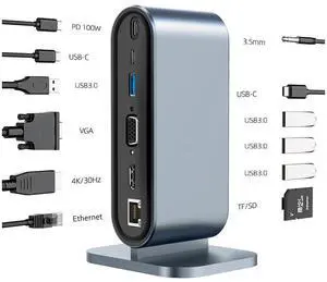 12 in 1 USB Type C Hub Type-C to 2 HDMI 4K VGA Adapter RJ45 Lan Ethernet SD TF PD USB-C 3.0 3.5mm Audio/Mic eokCXOY