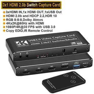 4K@60Hz 3X1 HDMI Audio Video Capture Card with Mic&Audio, HDMI USB3.0/Type-C Capture Adapter Video Converter 4K 60fps for Video Game Recording Live Streaming Broadcasting,Support Nintendo Switch/Game