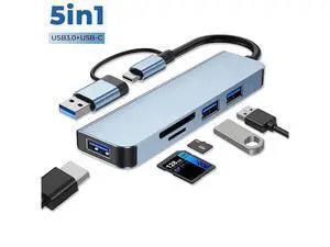 [5 in 1] USB & Type C Hub, Multiple USB Hub 3.0 & TF/SD Card Reader, USB Splitter 5 Ports USB Extender Compatible with Mac-Book/Pad Pro/Dell/HP Laptop/Phones eokCXOY