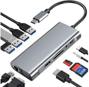 USB C Hub, 11 in 1 USB C Dock Multiport USB C Dongle with 4K HDMI, VGA, 10/100Mbps RJ45 Ethernet Adapter Port, 100W PD, 4 USB Ports, SD/TF Card Reader, 3.5mm Audio Port for MacBook, XPS, and More