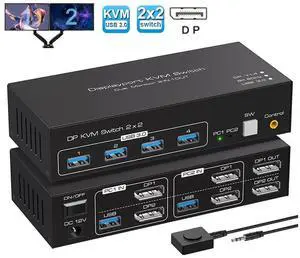 2 Port Dual Monitor Displayport KVM Switch for 2 Computers 2 Monitors Share Keyboard Mouse Printer, Displayport1.4 USB3.0 KVM Switch Support 4K @120Hz 8K @60Hz with 4x USB 3.0 Support Desktop Control