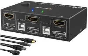 Dual Monitor HDMI + Displayport KVM Switch 4K @60Hz 2K @120Hz, HDMI DP Extended Display Switcher for 2 Computers Share 2 Monitors and 4 USB 2.0 Ports, Wired Remote and 4 Cables Included eokCXOY