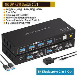 2 Port Displayport KVM Switch 2 in 1 Out, Support 4K @120HZ 8K @60HZ DP 1.4 USB 3.0 KVM Switcher for 2 Computers Share Keyboard Mouse Printer with 4x USB 3.0 Includes Desktop Control and 2 USB Cables
