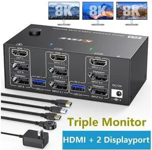 Triple Monitor 2 Displayport + HDMI KVM Switch 8K@60Hz 4K@144Hz, [HDMI + 2 Displayport] KVM Switch for 2 Computers Share 3 Monitors and 4 USB 3.0 Device, with Wired Remote and 5 Cables eokCXOY
