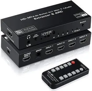 HDMI Switch with Audio Extractor 4K@60Hz Optical 3.5mm Audio Out Adapter 4K HDMI Switcher 4 in 1 Out HDMI Audio Splitter Converter IR Remote Control Support ARC HDCP 1080P 3D EDID Dolby Atmos 7.1CH