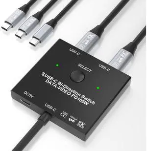 2 Port USB C Switch, Bi-Directional [2 in 1 Out / 1 in 2 Out] USB C Switcher 2 Computers, USB C KVM Switch Support 8K @60Hz/4K@120Hz Video/10Gbps Data Transfer/100W Charging, with 2 USB-C Cables