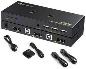 DisplayPort KVM Switch 2 Port, KVM Switch DisplayPort for 2 Computers Sharing 1 Monitor and 3 USB Devices, Support 4K @60Hz, 2K(2560X1440) @120Hz, with Extended Control Switch and 2 USB Cables eokCXOY