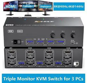 KVM Switch for 3 Computers 3 Monitors 8K@60Hz, HDMI + 2* Displayport Triple Monitor KVM Switch, KVM with 4 USB 3.0 Ports for Keyboard Mouse Printer, Wired Remote and Power Adapter Included eokCXOY