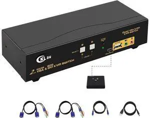 CKL 2 Port Dual Monitor KVM DVI + VGA Extended Display with Audio, Microphone, USB 2.0 Hub and Cables eokCXOY