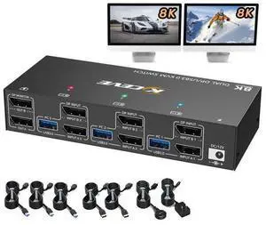 Dual Monitor Displayport KVM Switch 8K@30Hz 4K@144Hz, USB 3.0 KVM Switches 3 Computers 2 Monitors Displayport 1.4 with 4 USB 3.0 Ports for USB Devices, DP Monitor Switch for 3 PCs, with Wired Remote