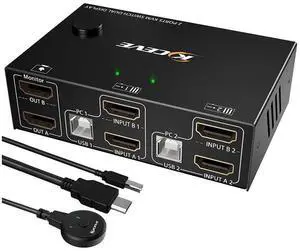 2 Port Dual Monitor HDMI KVM Switch 4K @30Hz, USB HDMI Extended Display Switcher for 2 Computers Share 2 Monitors and 4 USB 2.0 Hub, USB KVM Switch with Desktop Controller and USB Cables Included