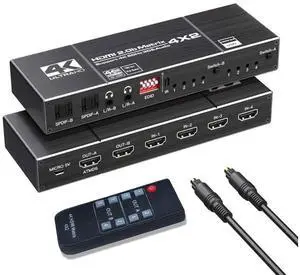 4K @60Hz 4x2 HDMI Matrix Switch, 4K HDMI 2.0b Matrix Switcher 4 in 2 Out, 4K HDMI Switcher Splitter + Optical and L/R Audio Output, Scaler EDID with Remote, HDCP2.2, HDR 10 eokCXOY
