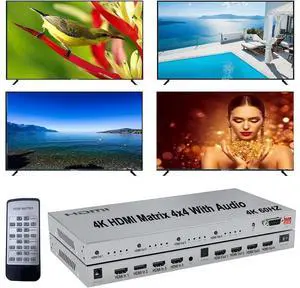 4K HDMI Splitter, 4 in 4 Out HDMI Matrix Switch, HDMI 2.0 Support 3840x2160@60Hz with Audio Switch, IR Remote+ Button Press + RS232 Control, Support EDID Audio Extractor, 3D, HDR, 18 GBPS, HDCP 2.2 4K HDMI Splitter, 4 in 4 Out HDMI Matrix Switch, HDMI 2.0 Support 3840x2160@60Hz with Audio Switch, IR Remote+ Button Press + RS232 Control, Support EDID Audio Extractor, 3D, HDR, 18 GBPS, HDCP 2.2