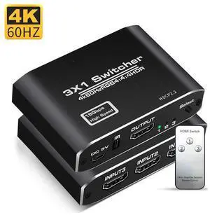 HDMI 2.0 Switch 3 Input 1 Output Switch HD 4Kx2K@60HZ HDR, 3D 1080P Remote/Manual switching for Xbox,PS4 Nintendo Switch/Wii,Beamer,DVB receiver,Blu-ray,DVD players,Apple TV,Roku Stick/Fire Stick,PC HDMI 2.0 Switch 3 Input 1 Output Switch HD 4Kx2K@60HZ HDR, 3D 1080P Remote/Manual switching for Xbox,PS4 Nintendo Switch/Wii,Beamer,DVB receiver,Blu-ray,DVD players,Apple TV,Roku Stick/Fire Stick,PC
